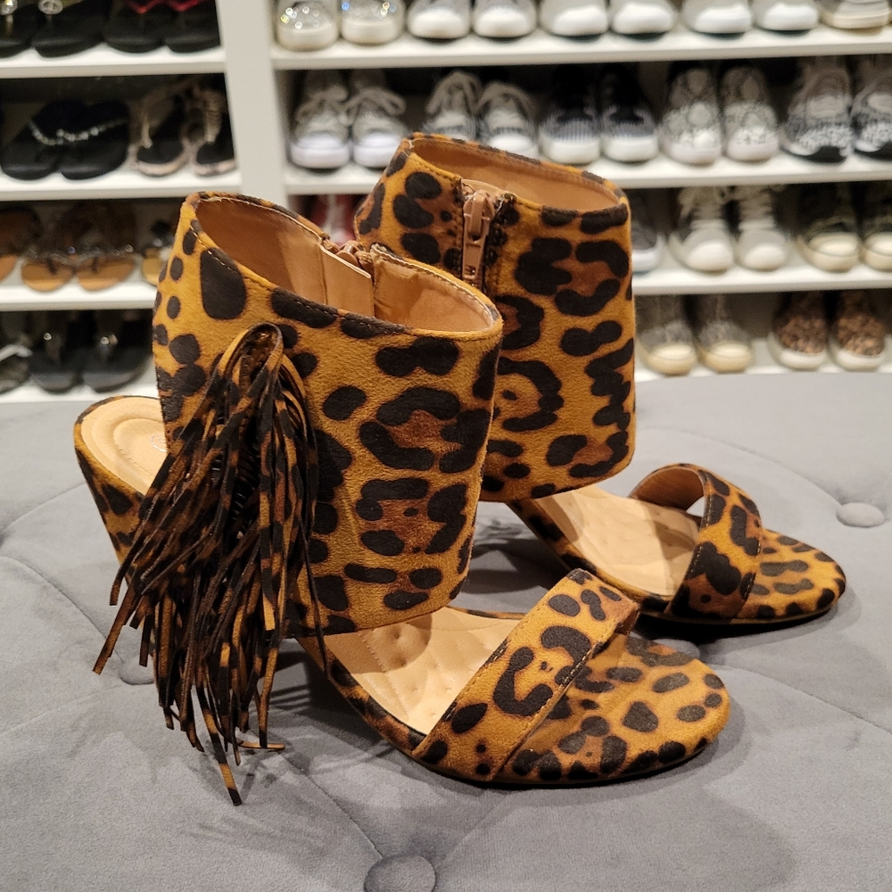 Leopard print fringe heels, size 9